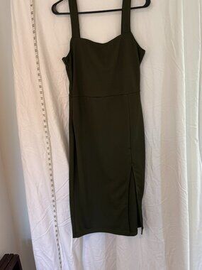 Midi Dress Women's Olive Green Medium Side Slit Wide Strap Sleeveless Ribbed